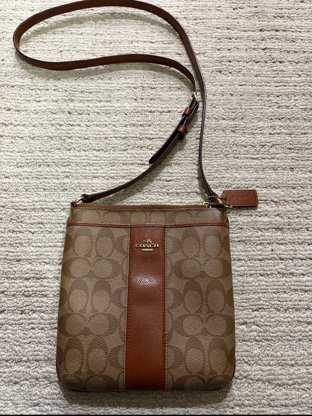 Coach Tan/Brown Signature Crossbody with Leather Trim